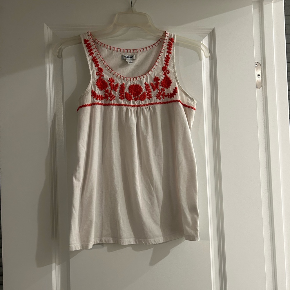 Old Navy Embroidered White and Red Sleeveless Tank Top